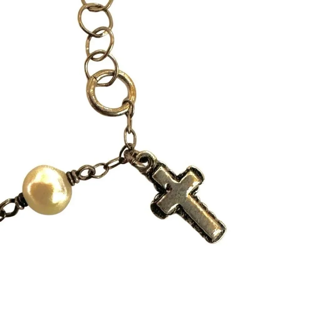 Sterling silver pearl Childs cross charm religious bracelet